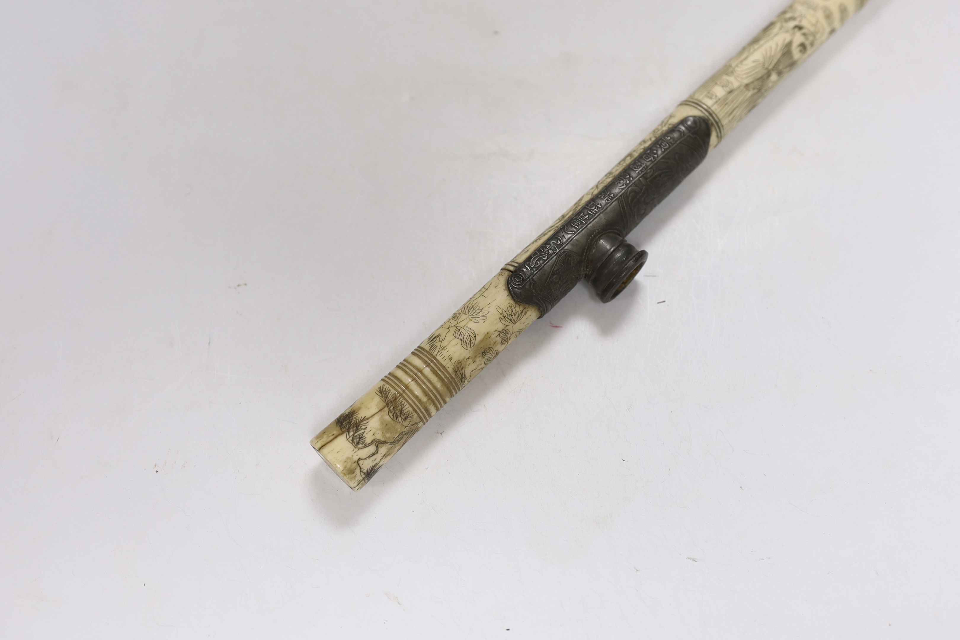 A Chinese enamelled pendant, a carved bone opium pipe and a cloisonné enamel water pipe, bone opium pipe 51cm high